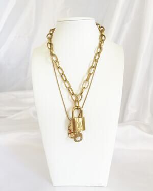 #321 LOUIS VUITTON Lock & Key on Double 18" Chains Necklace 18k Gold Plated